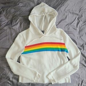 Modern Lux Cropped White Hoodie with Rainbow Decoration